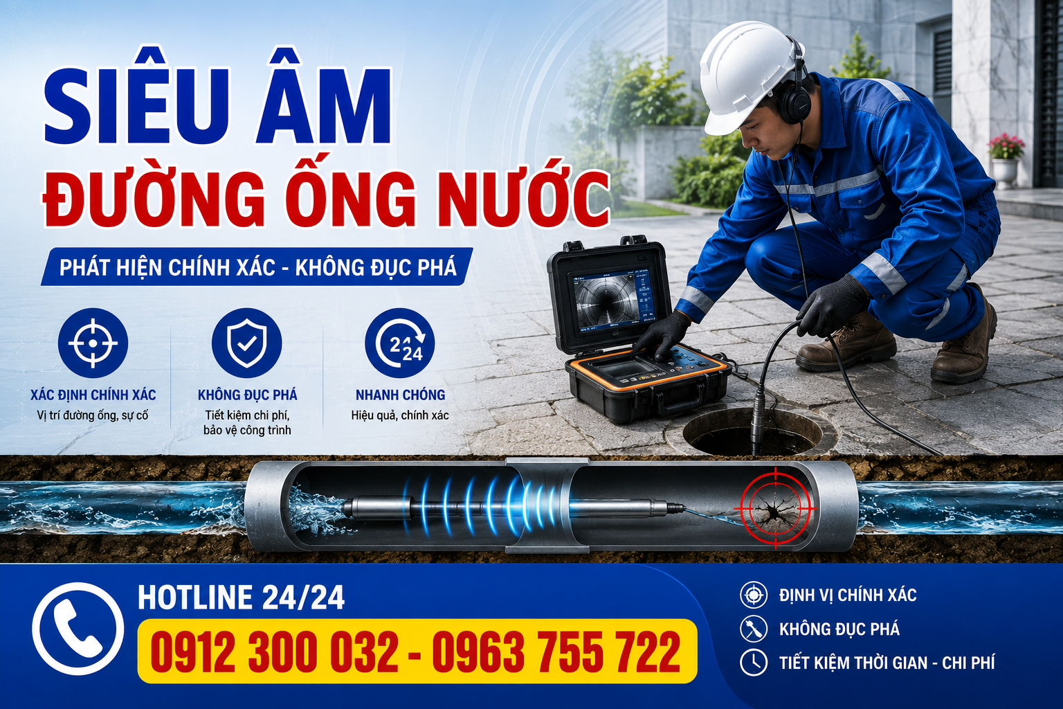 Dịch Vụ Siêu Âm Đường Ống Nước Rò Rỉ Ngầm Chính Xác 100%, Không Đục Phá